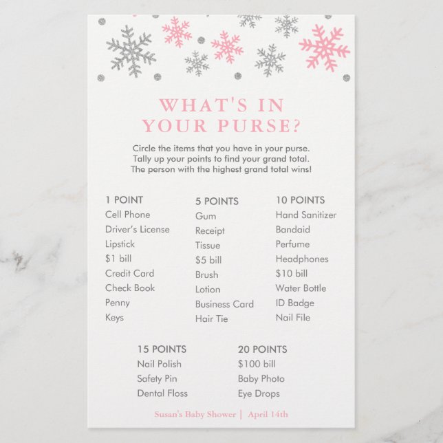 Rosa Snowflake What's in your Purse Game Card (Framsida)