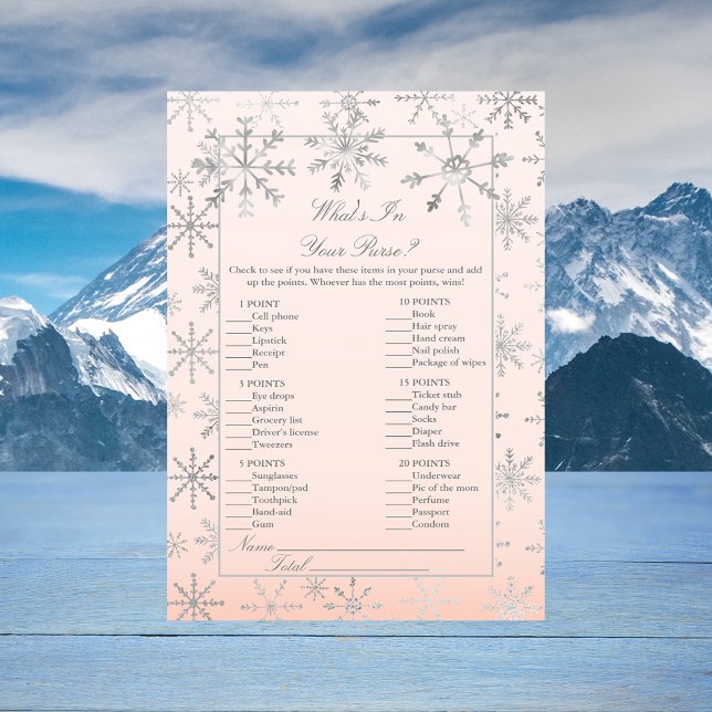 Rosa Snowflake What's in your Purse Shower Game Inbjudningar (Skapare uppladdad)