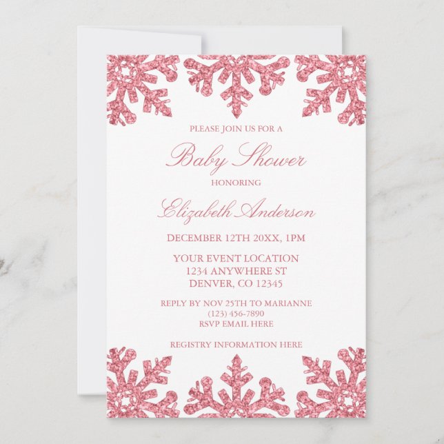 Rosa Snowflake Winter Baby Shower Inbjudningar (Framsida)