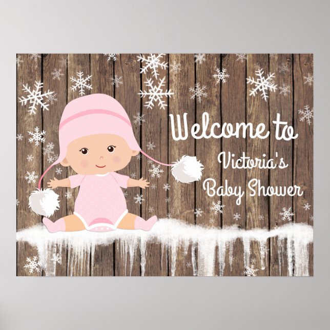 Rosa Snowflake Winter Baby Shower-skylt Poster (Framsidan)