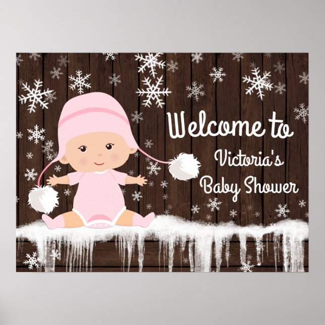 Rosa Snowflake Winter Baby Shower-skylt Poster (Framsidan)
