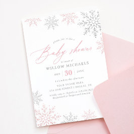 Rosa Snowflake Winter Girl Baby Shower Inbjudningar