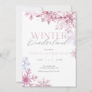 Rosa Snowflake Winter Onederland Birthday Inbjudan