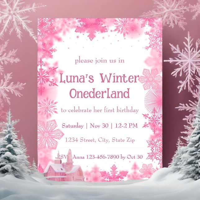 Rosa Snowflake Winter Onederland Party Inbjudningar (Skapare uppladdad)