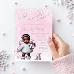 Rosa Snowflake Winter Wonderland Baby Shower Inbjudningar<br><div class="desc">Meddela din speciella händelse i stil med den här vinternematerade inbjudan till babydusch! Med en söt afrikansk flicka som är klädd i en mysigt vit päls-jackar och matchande stövlar håller hon en vit penselbjörn med en rosa scarf, som alla ställs mot en känslig rosa snöbakgrund med mjukt snöflingor. En söt...</div>