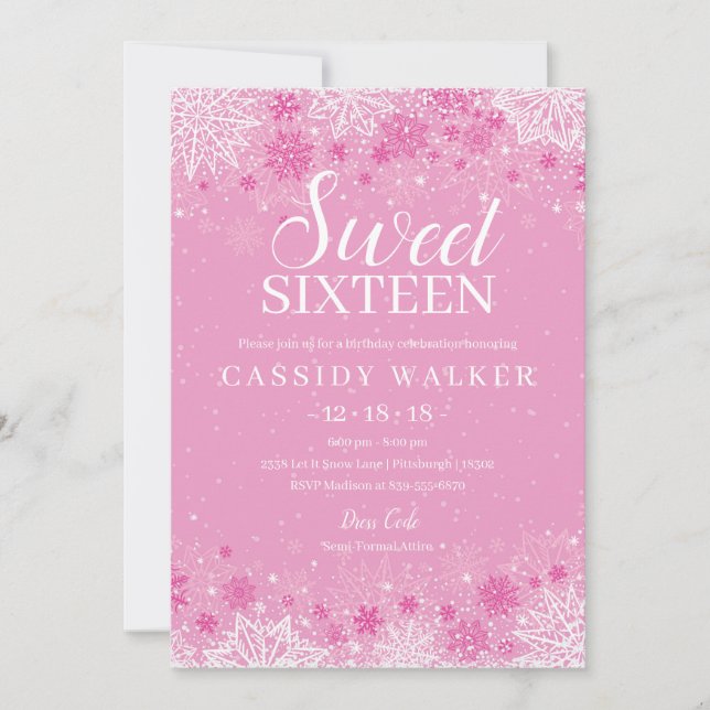 Rosa Snowflake Winter Wonderland Sweet sixteen Inbjudningar (Framsida)