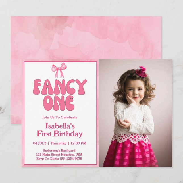 Rosa snygga båge Fancy One Coquette flicka 1-års  Inbjudningar (Fram/baksida)