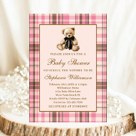 Rosa snygga rutiga vintage nallebabyshower inbjudningar