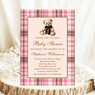 Rosa snygga rutiga vintage nallebabyshower inbjudningar