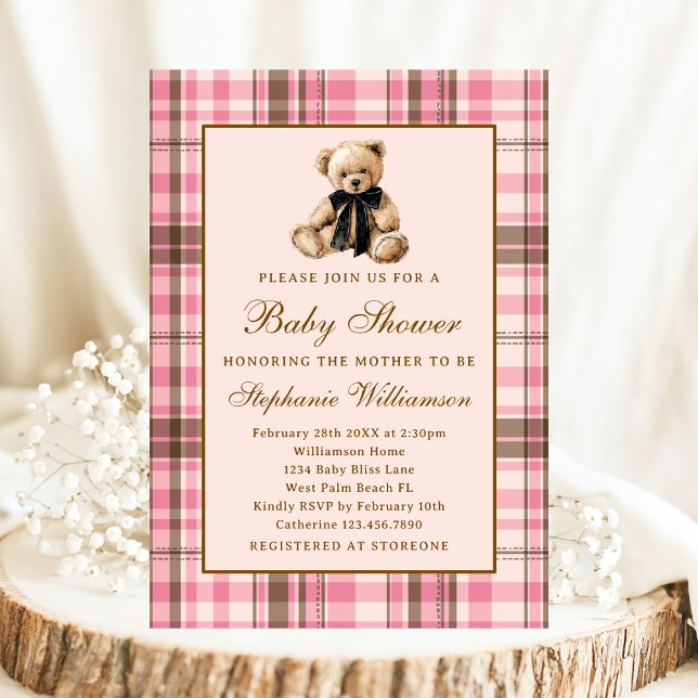 Rosa snygga rutiga vintage nallebabyshower inbjudningar (Skapare uppladdad)
