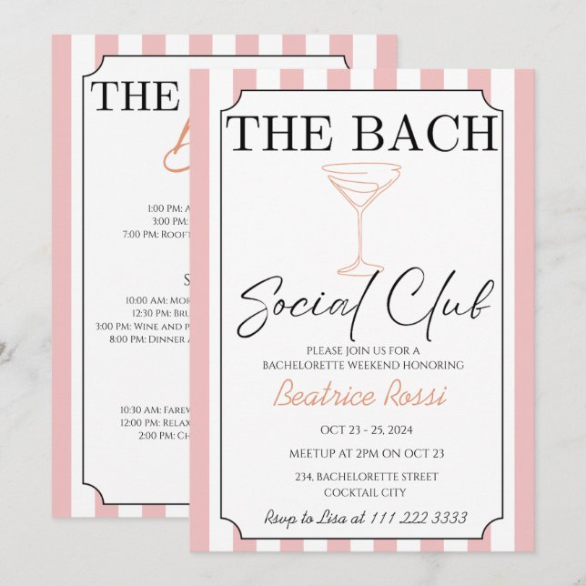 Rosa Social Land Klubb Bachelorette Helg Inbjudningar (Fram/baksida)
