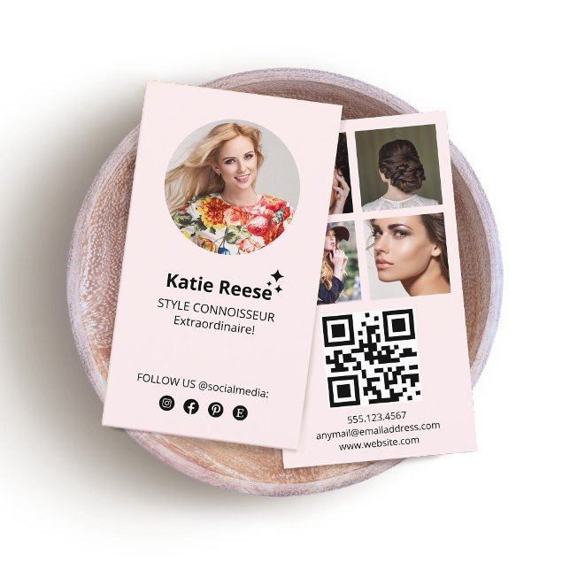 Rosa Social Media, Photo Grid, QR-kod Visitkort (pink 3 photo grid instagram social media networking business card with QR code)