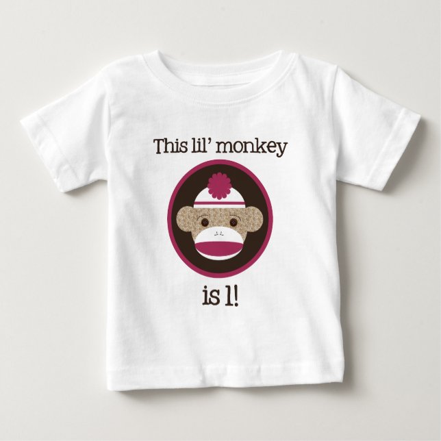 Rosa sock monkey: Första födelsedag Tee Shirt (Framsida)