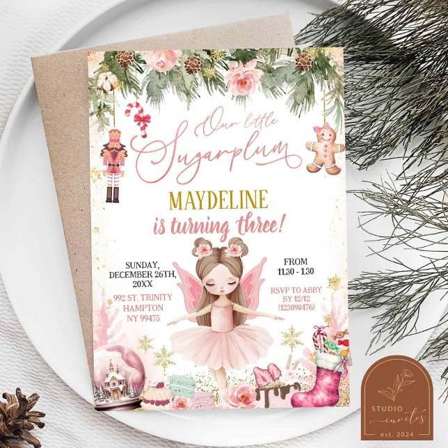 Rosa sockerdrottning ballerina jul födelsedagsflic inbjudningar (Skapare uppladdad)