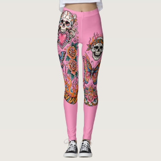 Rosa sockerkalle, gammal skola tatuering leggings