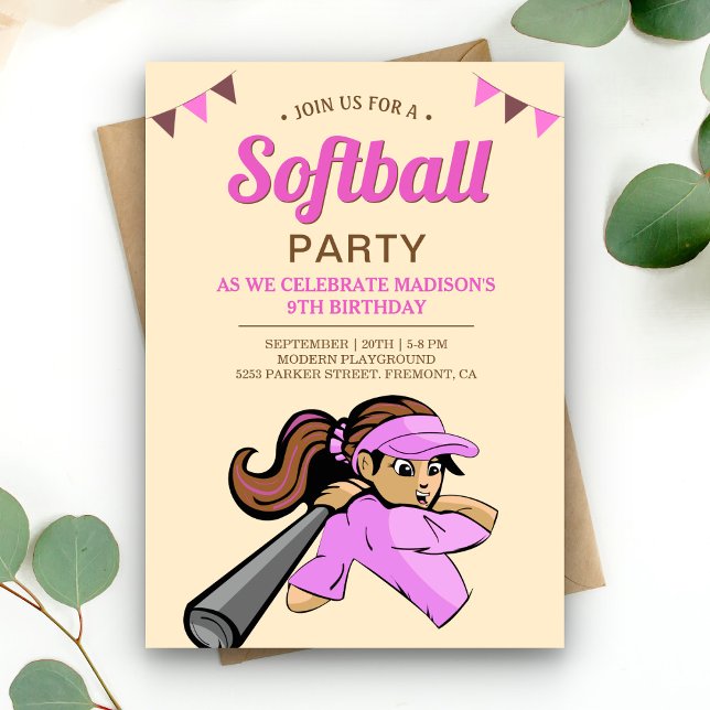 Rosa Softboll Födelsedagsfest Inbjudningar (Skapare uppladdad)