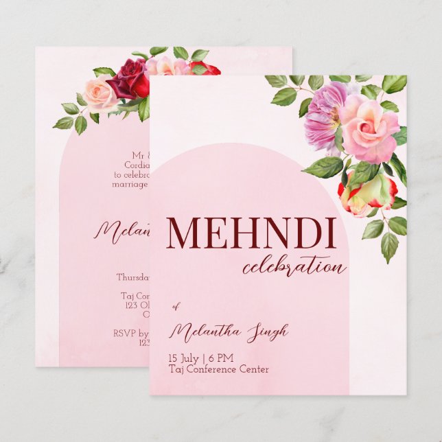 Rosa-sökning med ro budgetmehndi-inbjudan (Fram/baksida)