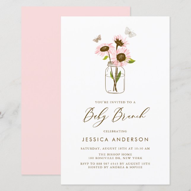 Rosa Solblommor i Mason Burk Baby Brunch Inbjudan (Fram/baksida)