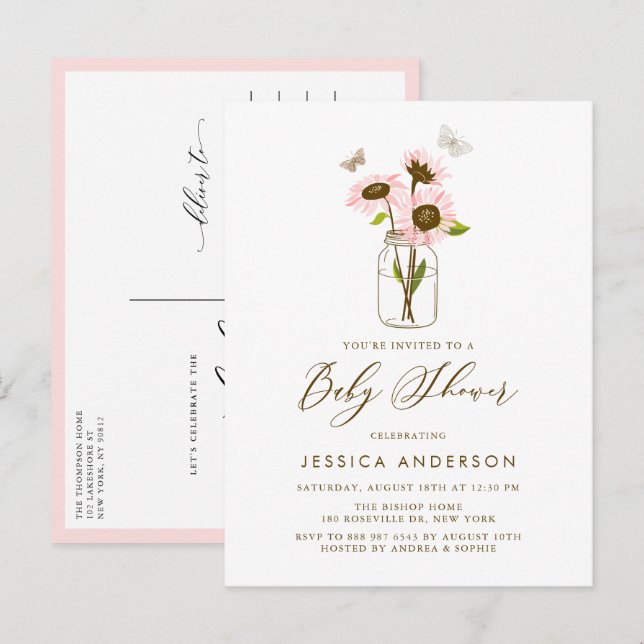 Rosa Solblommor i Mason Burk Baby Shower Inbjudan Vykort (Fram/baksida)