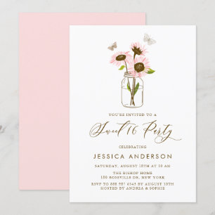 Rosa Solblommor i Mason Burk Rustic Sweet sixteen Inbjudningar