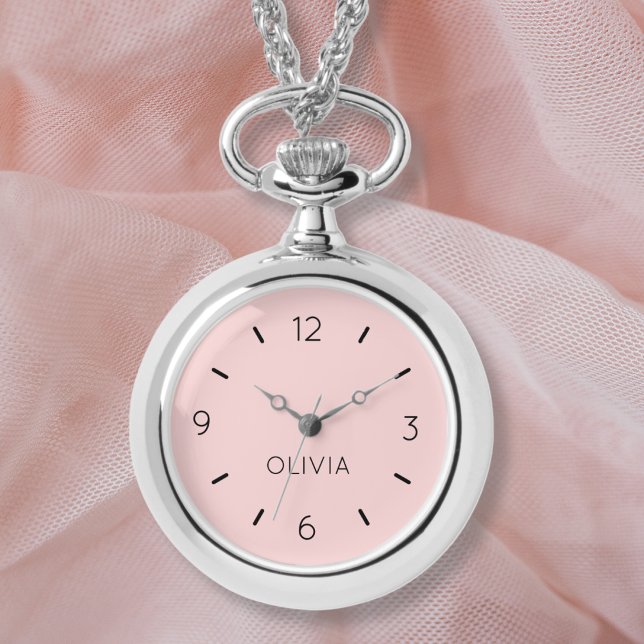  Rosa Solid Färg Custom Name Watch Armbandsur (Easily personalize this pretty blush pink necklace watch or remove the name completely. )