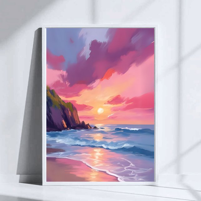 Rosa solnedgång Havets vågor strand vattenfärg Poster (Skapare uppladdad)