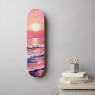 Rosa solnedgång Lila havsvågor Akvarell Mini Skateboard Bräda 18,5 Cm