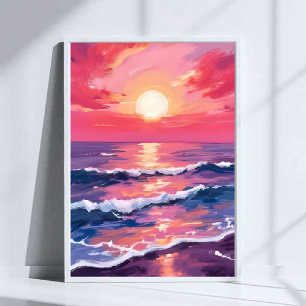Rosa solnedgång Lila havsvågor Akvarell Poster