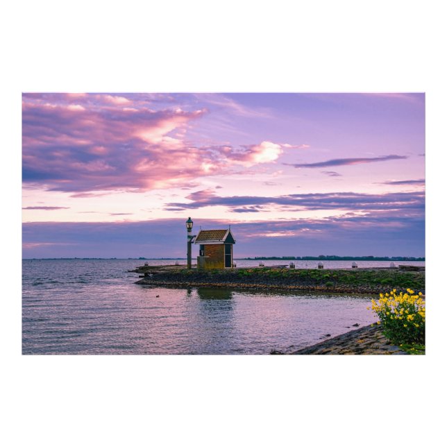 Rosa solnedgång över sjö fototryck (Framsidan)