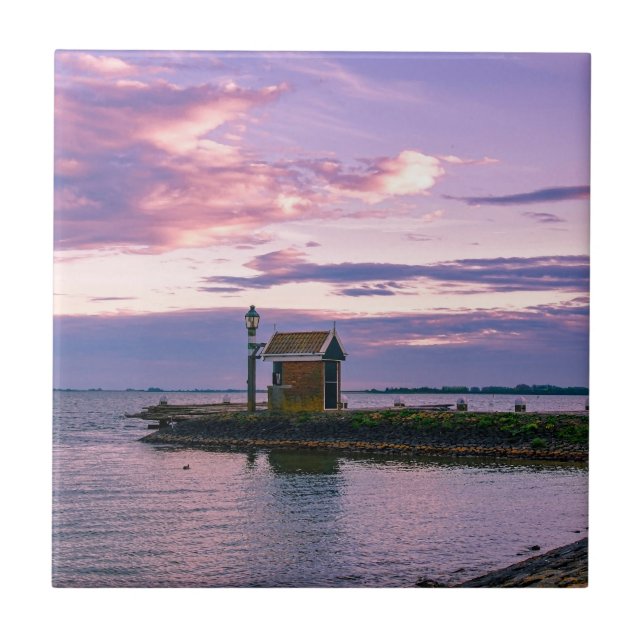Rosa solnedgång över sjö kakelplatta (Framsidan)