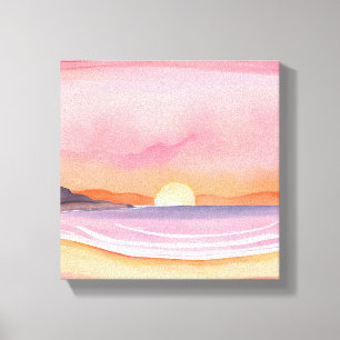 Rosa solnedgång Vattenfärg Måleri av strand himm Canvastryck