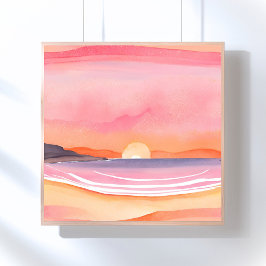 Rosa solnedgång | Vattenfärg Måleri av strand himm Poster