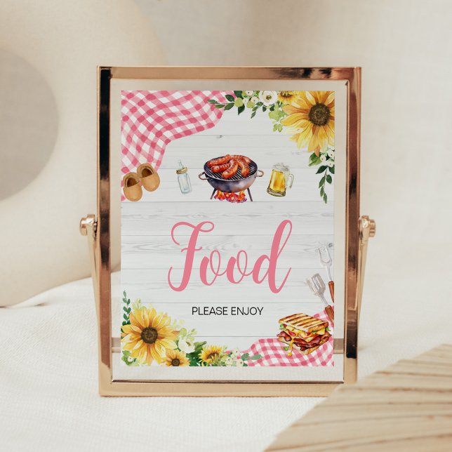 Rosa Solros BBQ Baby Shower Food Poster (Baby- Q Backyard Baby Shower Food Sign)