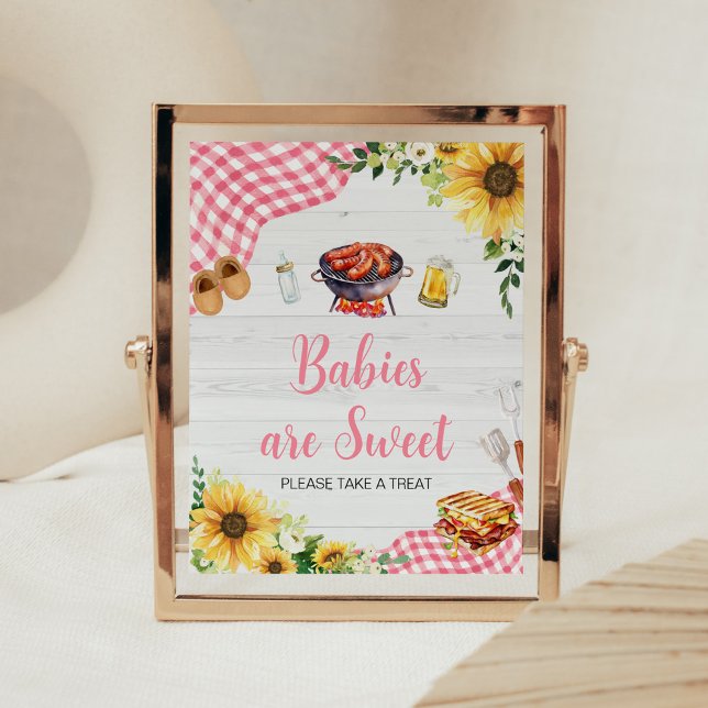 Rosa Solros BBQ Baby Shower Spädbarn är Sweet Poster (Baby- Q Backyard Baby Shower Babies are Sweet Sign)