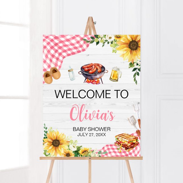 Rosa Solros BBQ Baby Shower Välkommen Poster (Baby- Q Backyard Baby Shower Welcome Sign)