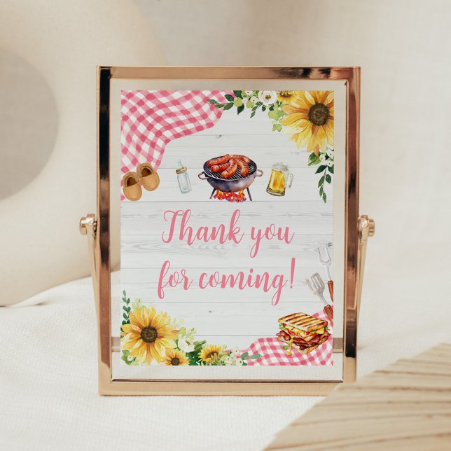 Rosa Solros BBQ Tack för att du kom Poster (Baby- Q Backyard Baby Shower Thank you for Coming Sign)