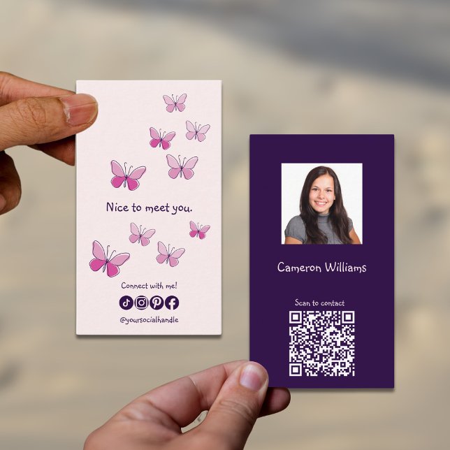 Rosa som är fin för att träffa dig QR-koden Social Visitkort (Pink Nice To Meet You QR Code Social Butterfly Business Card)