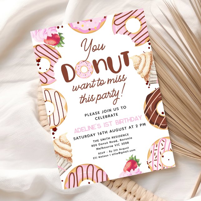 Rosa som du inte vill missa den här Party-födelsed Inbjudningar (You Donut Want To Miss This Party Birthday Invitation Donuts themed Girls Birthday Party Invite)