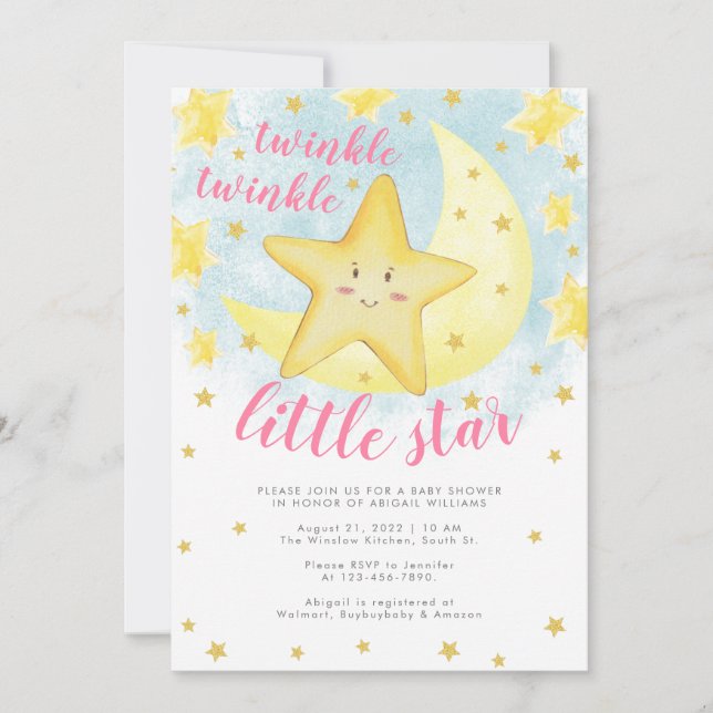 Rosa Sömmande Guld Twinkle Little Star Baby Shower Inbjudningar (Framsida)