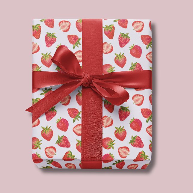 Rosa sommar jordgubb mönster presentpapper (Cute strawberry summer fruit wrapping paper, ideal for birthdays gift wrap.)