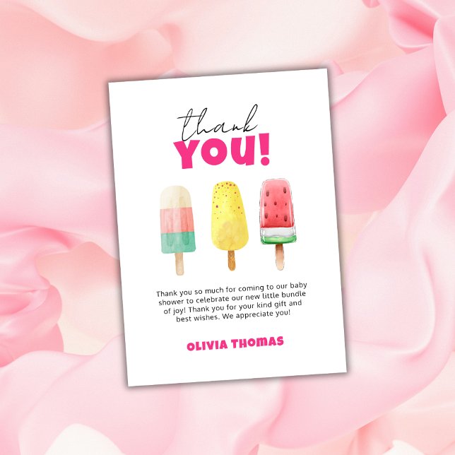 Rosa Sommar-Redo till pop Ice Cream Baby Shower Tack Kort (Pink Summer Ready To Pop Ice Cream Baby Shower Thank You Card)