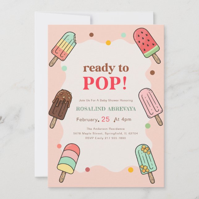 Rosa sommar-snurrer redo att poppa baby shower inbjudningar (Framsida)