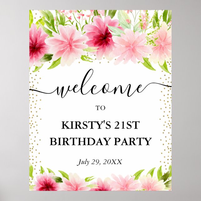 Rosa sommarblommor 21:a födelsedag Välkomsthälsnin Poster (Framsidan)