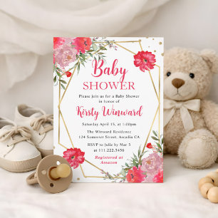 Rosa sommarblommor ram baby shower inbjudningar