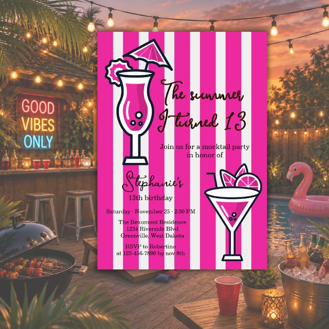 Rosa Sommaren Jag Fyllde 13 Mocktail Födelsedag Inbjudningar (Skapare uppladdad)