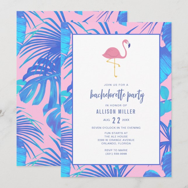Rosa Sommarens tropiska Flamingo Bachelorette-part Inbjudningar (Fram/baksida)