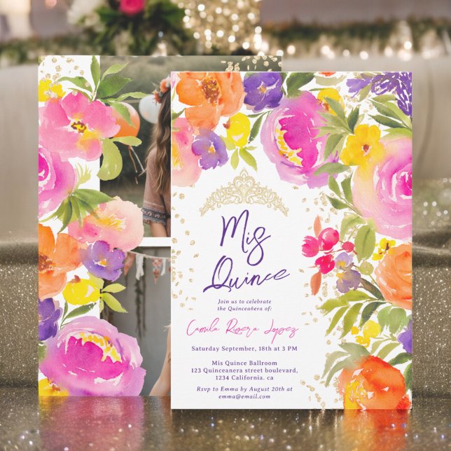 Rosa sommarens vattenfärgsfoton blommigt Quinceane Inbjudningar (Pink summer floral watercolor photos Quinceanera Invitation)