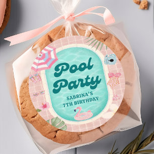 Rosa sommarpoolparty födelsedagsdekal runt klistermärke