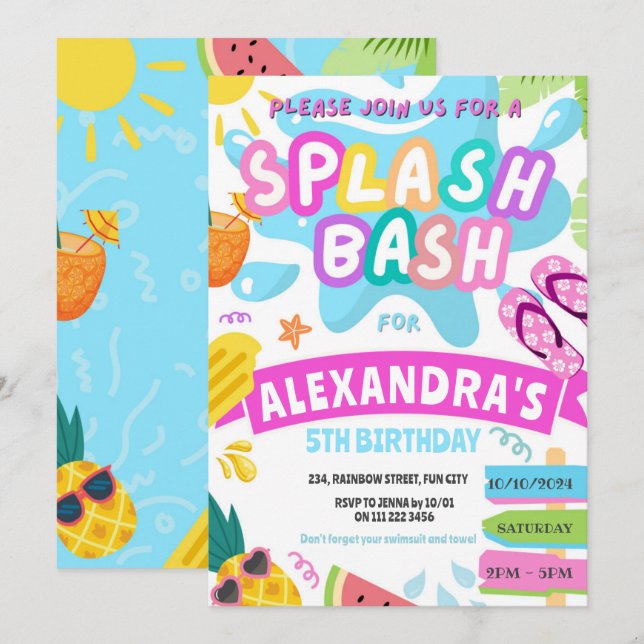 Rosa sommarstänk tjej poolparty bash vattenpark inbjudningar (Fram/baksida)