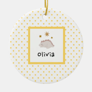 Rosa Sömnig Baby Dino Gult Polka Dot Modern Julgransprydnad Keramik
